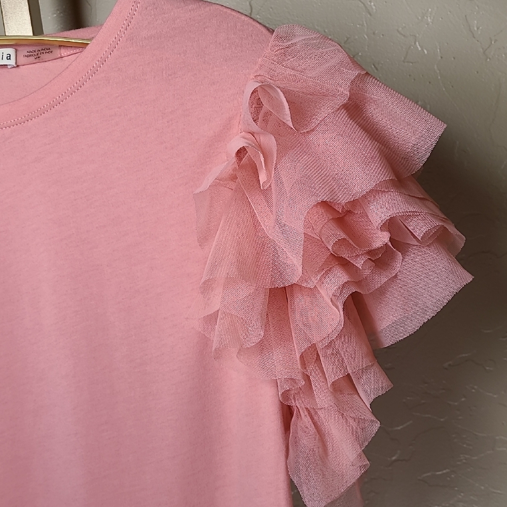 Alice + Olivia Blush Pink Rylan Tulle Sleeve T-shirt Fairy Top 100% Cotton - Picture 5 of 16